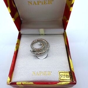 Vintage Napier Rhinestone Spiral Brooch Silver Tone Crystal Swirl Pin w Box